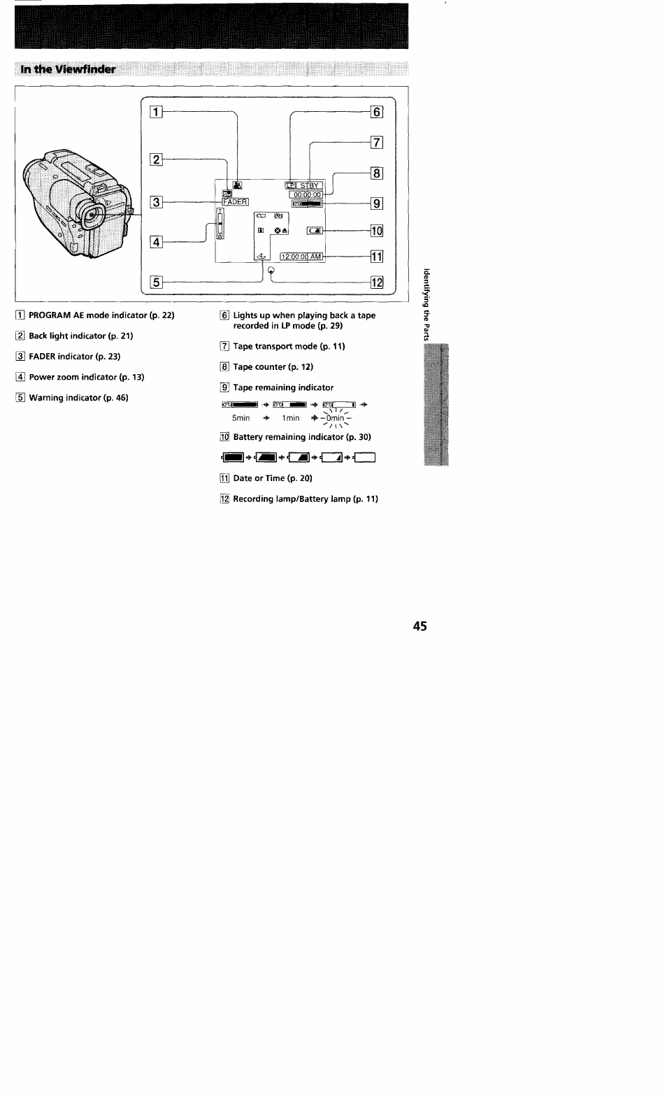 In the viewfinder | Sony CCD-TR23 User Manual | Page 45 / 48