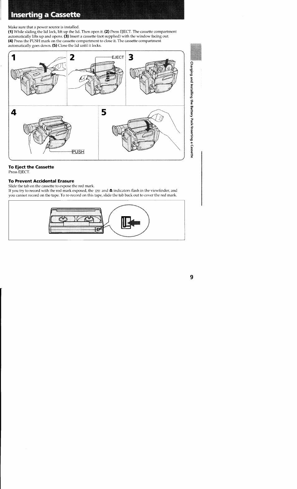 Inserting a cassette, To eject the cassette, To prevent accidental erasure | Sony CCD-TR23 User Manual | Page 9 / 48