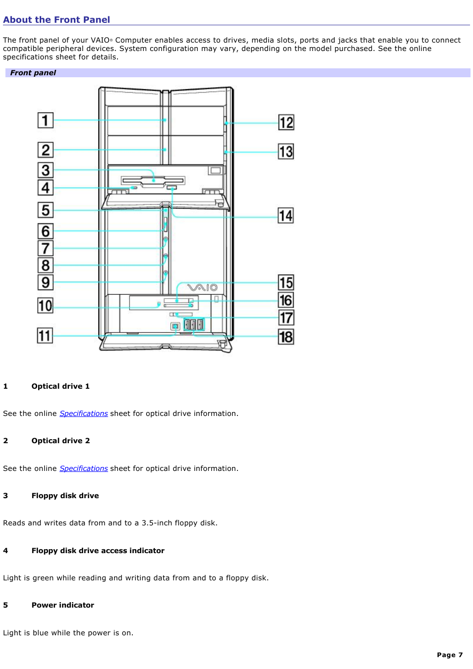 About the front panel | Sony PCV-RZ49G User Manual | Page 7 / 91