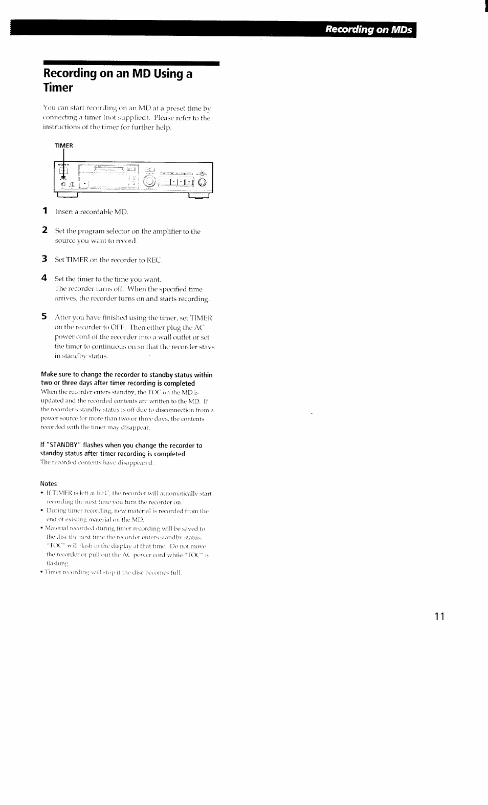 Recording on an md using a timer, Notes, Recording on mds | Sony MDS-302 User Manual | Page 11 / 30