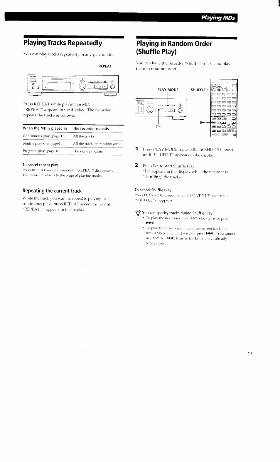 Playing tracks repeatedly, Playing in random order (shuffle play), To cancel shuffle play | Q' you can specify tracks during shuffle play, Playing tracks repcatedh, Playing mds | Sony MDS-302 User Manual | Page 15 / 30