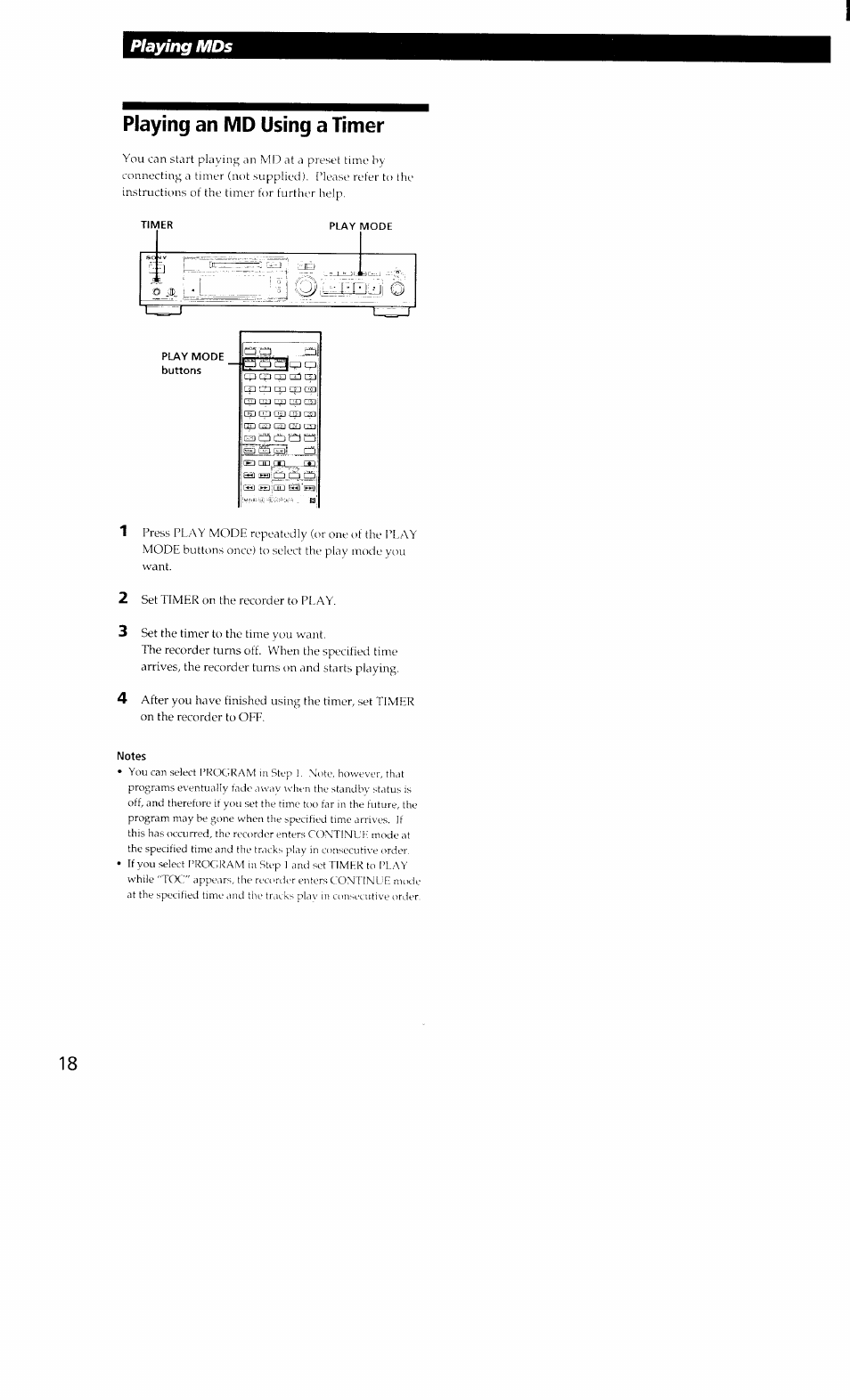 Playing an md using a timer, Notes, Playing mds | Sony MDS-302 User Manual | Page 18 / 30