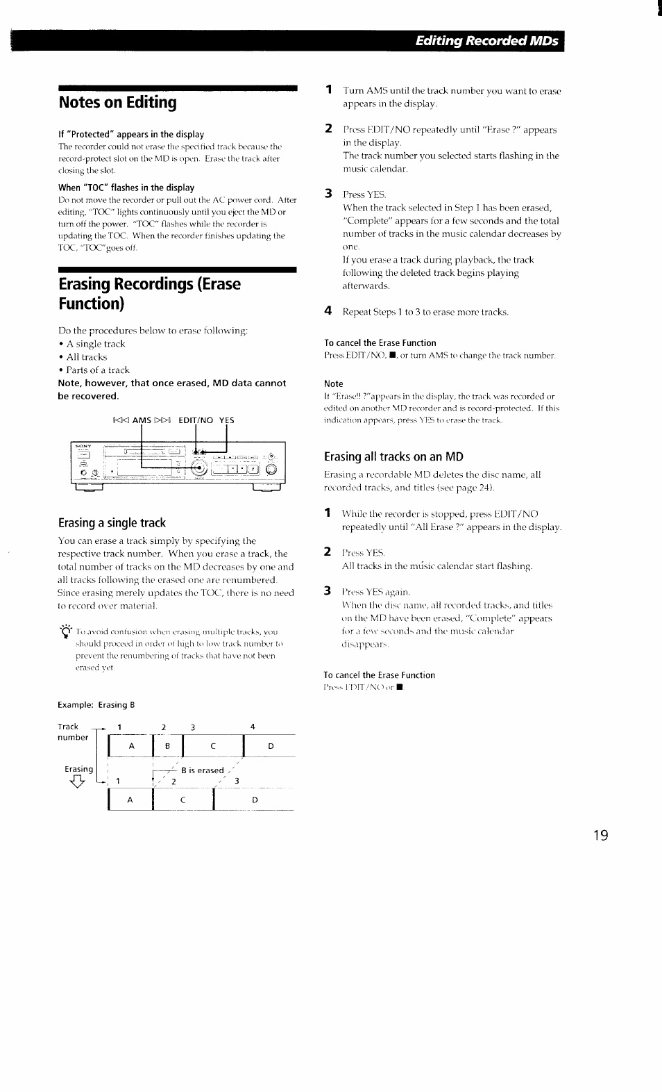 Notes on editing, If "protected" appears in the display, When "toc" flashes in the display | Erasing recordings (erase function), To cancel the erase function, Editing recorded mds | Sony MDS-302 User Manual | Page 19 / 30