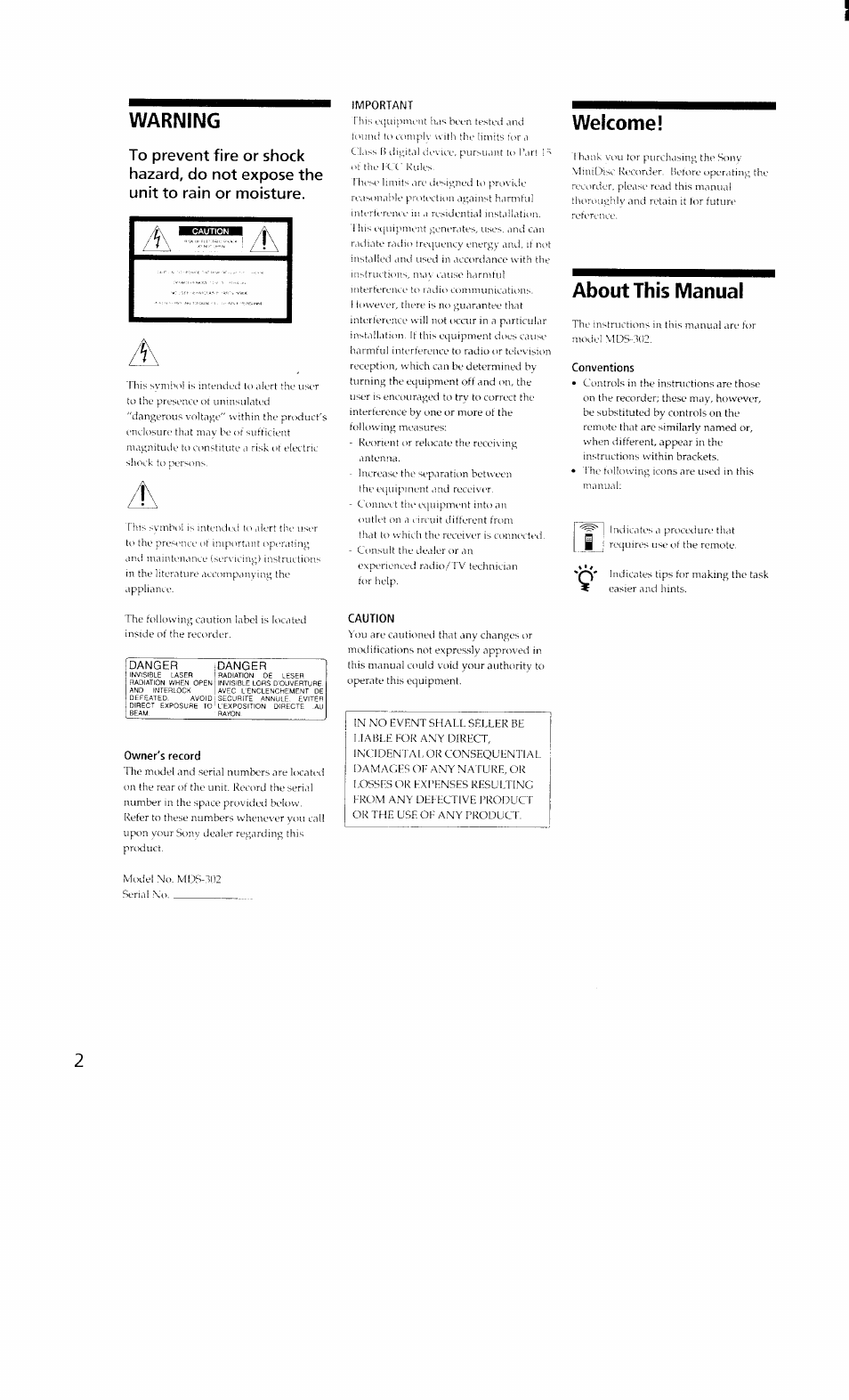 Warning, Important, Welcome | About this manual, Conventions, Danger, Owner's record, Caution | Sony MDS-302 User Manual | Page 2 / 30