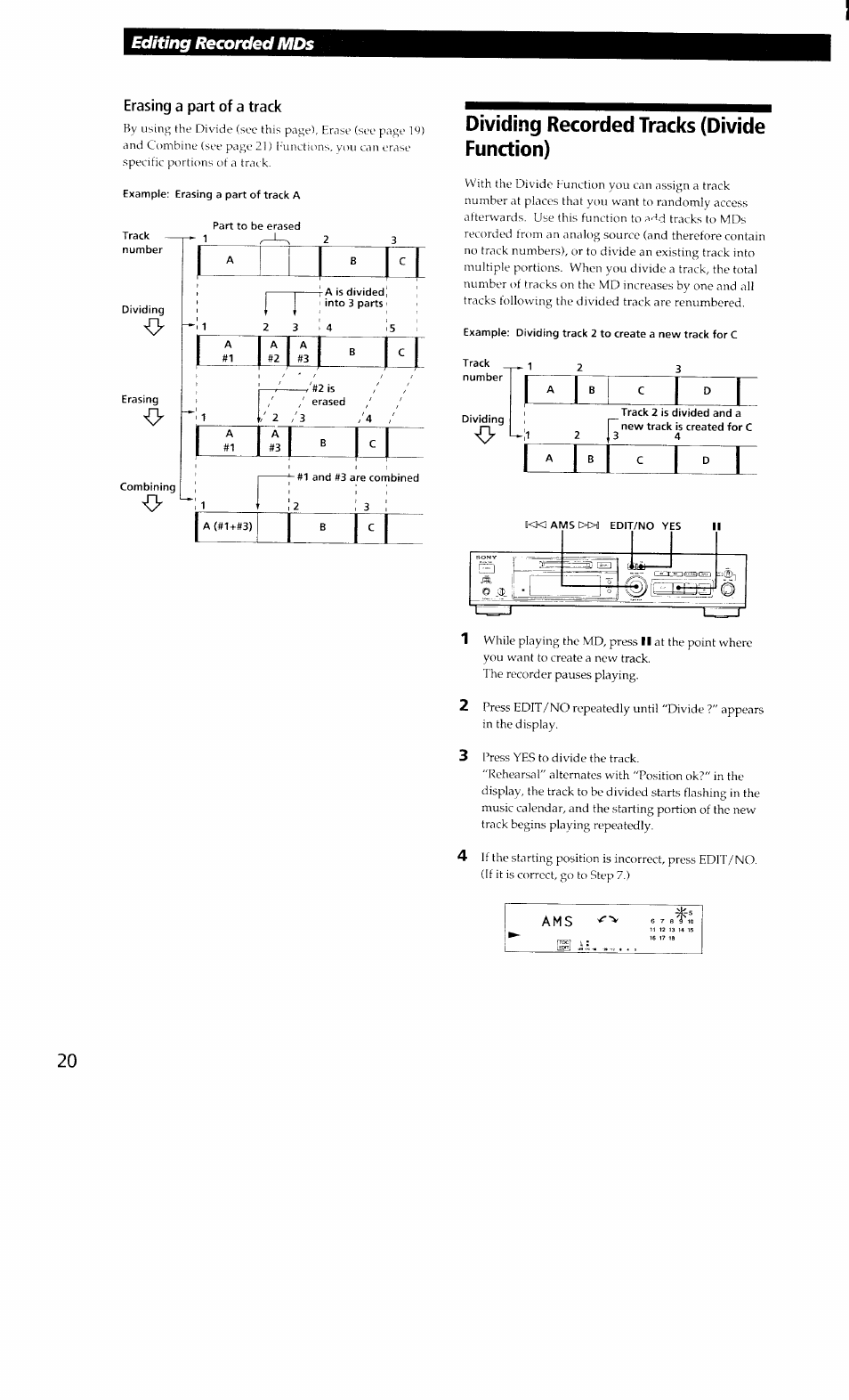 Dividing recorded tracks (divide function), Editing recorded mds | Sony MDS-302 User Manual | Page 20 / 30