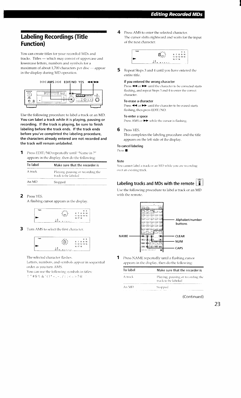 Labeling recordings (title function), Editing recorded mds, T--i l & 0 © (j) ■ 0 | Sony MDS-302 User Manual | Page 23 / 30