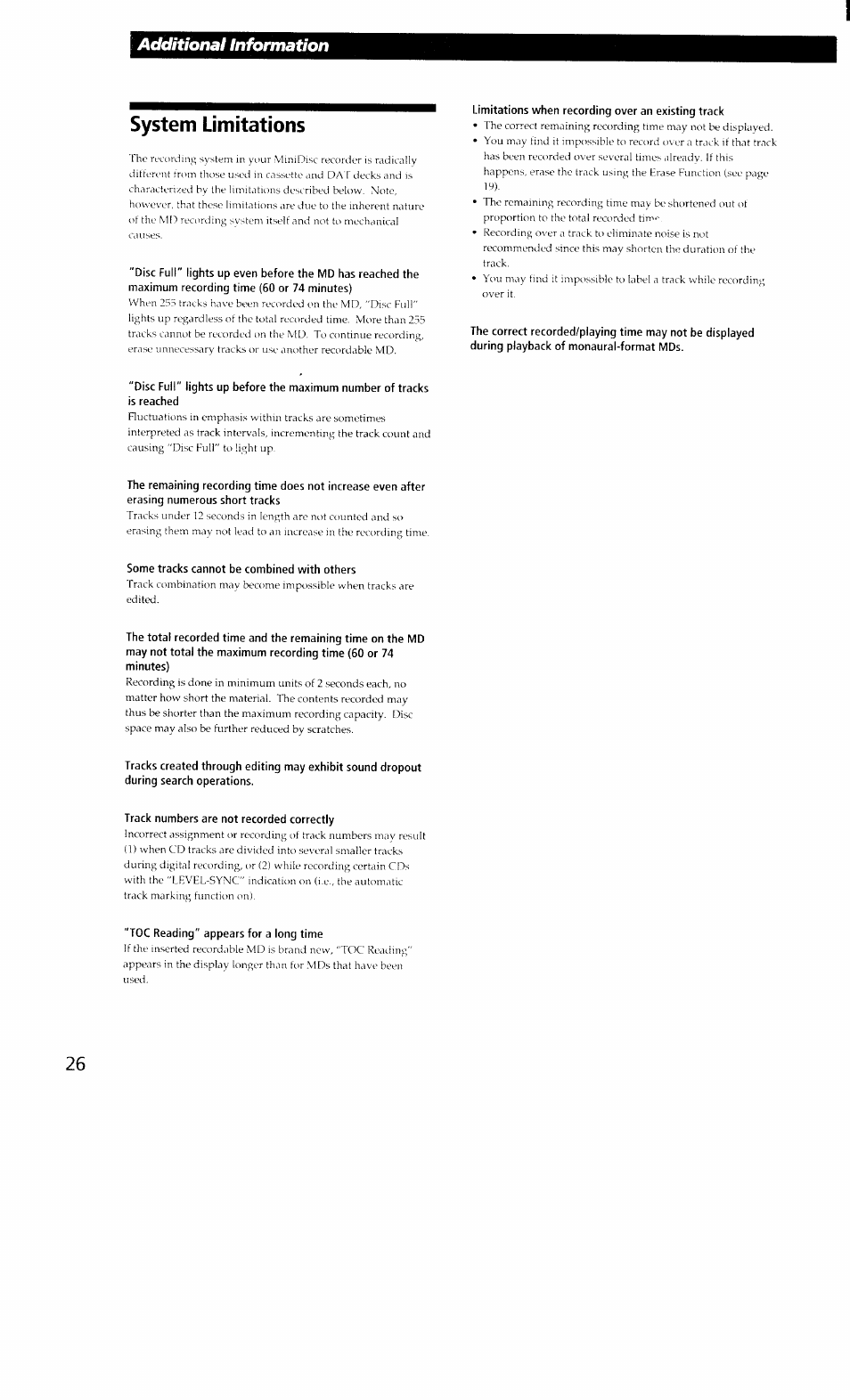 System limitations, Additional information | Sony MDS-302 User Manual | Page 26 / 30