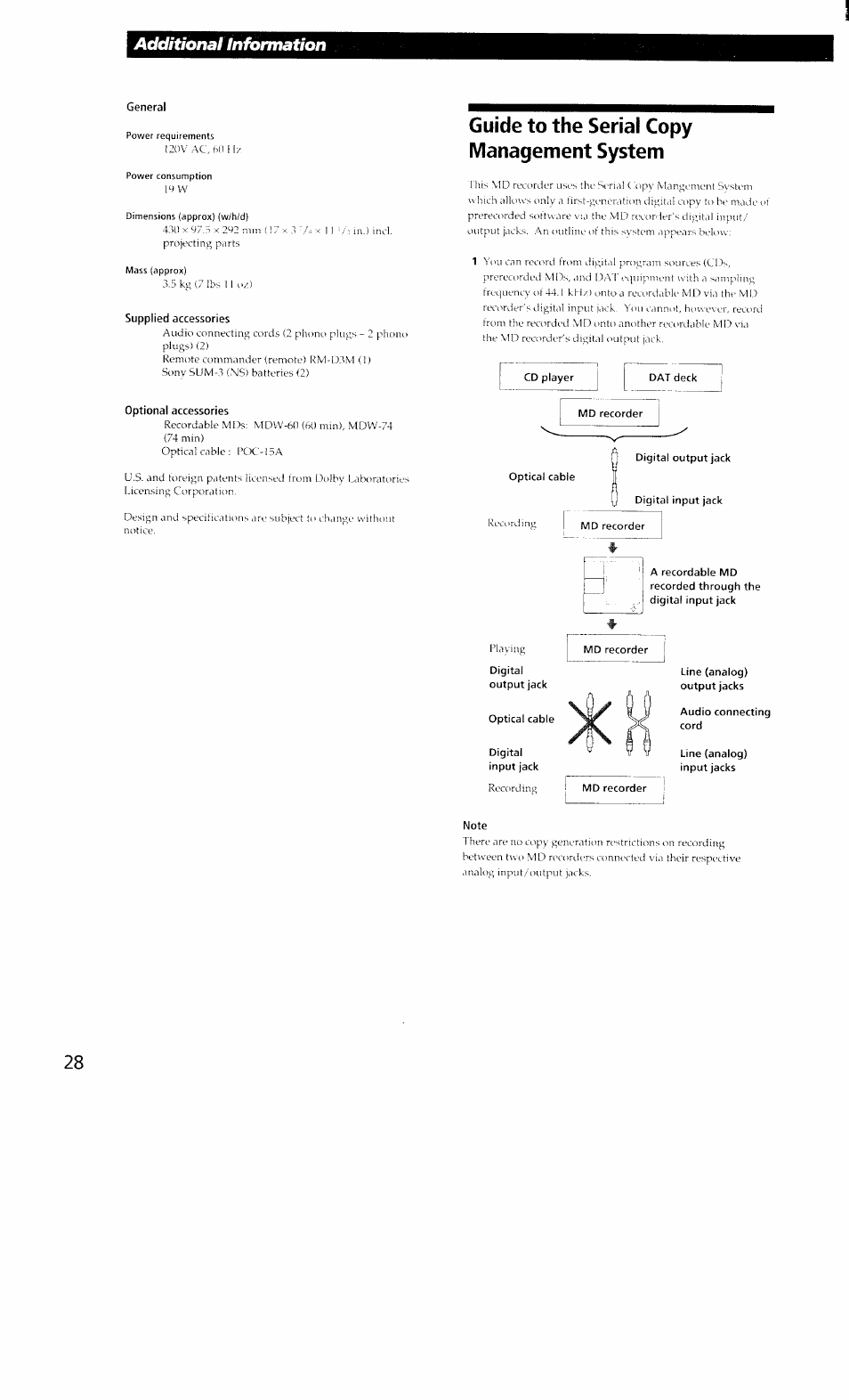 General, Supplied accessories, Optional accessories | Guide to the serial copy management system, Note, Additional information | Sony MDS-302 User Manual | Page 28 / 30