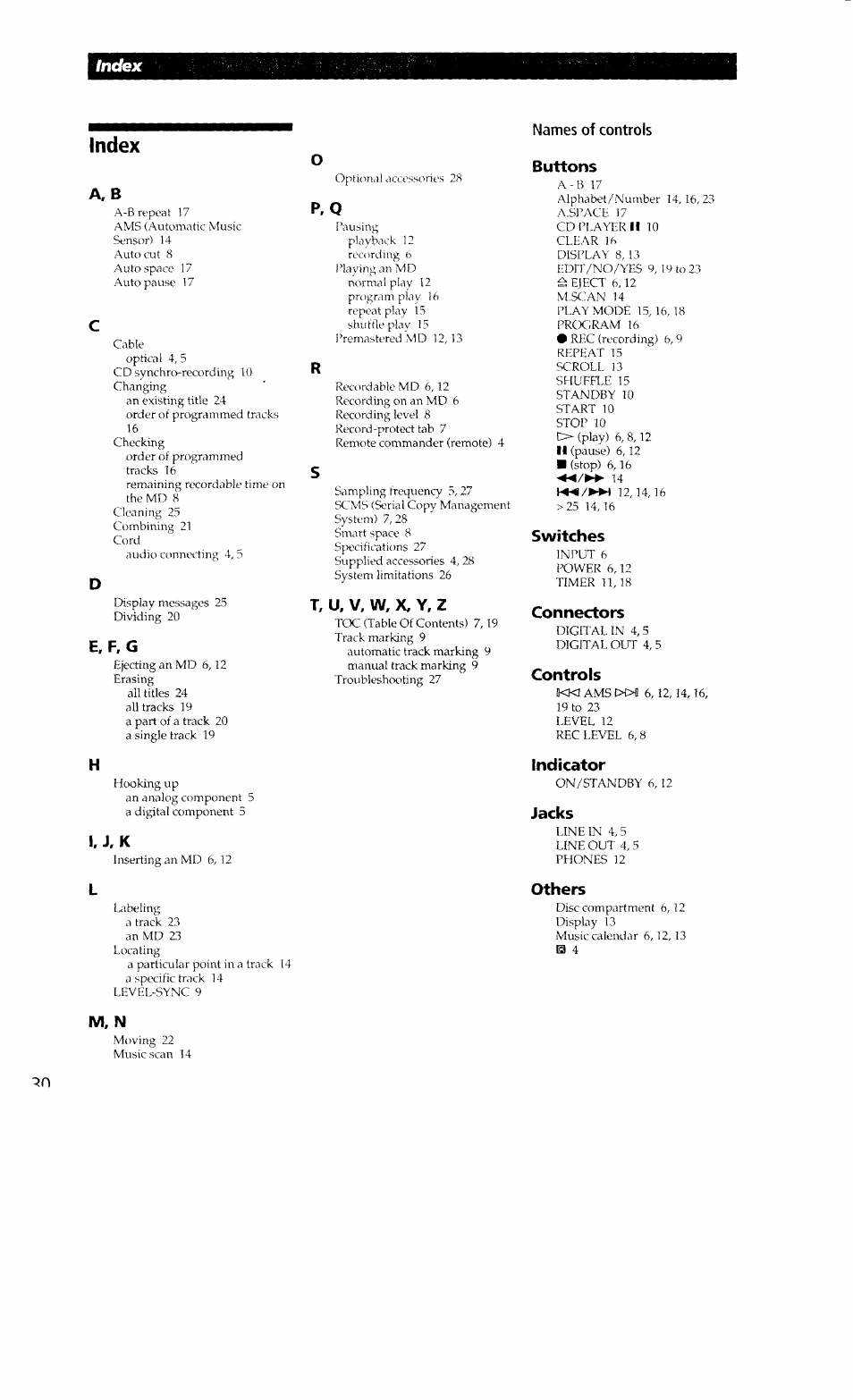 Index, E,f,g, T, u, v, w, x, y, z | Buttons, Switches, Connectors, Controls, Indicator, Jacks, Others | Sony MDS-302 User Manual | Page 30 / 30