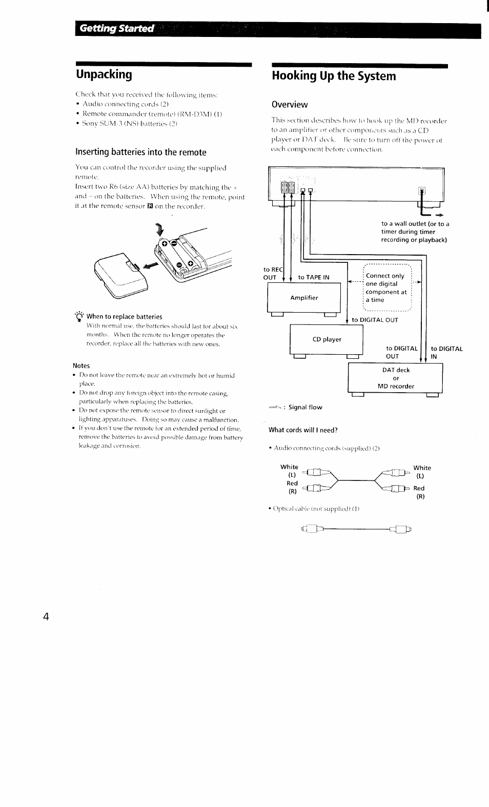 A' when to replace batteries, Notes, Hooking up the system | What cords will i need, Unpacking, Getting^ started | Sony MDS-302 User Manual | Page 4 / 30