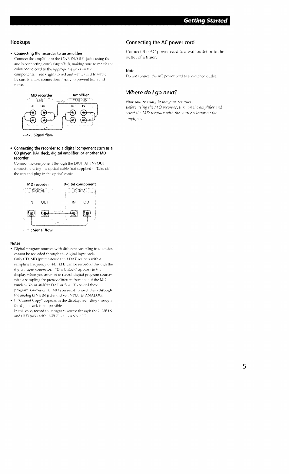 Md recorder, Amplifier, Digital component | Signal flow, Getting started, Where do i go next | Sony MDS-302 User Manual | Page 5 / 30