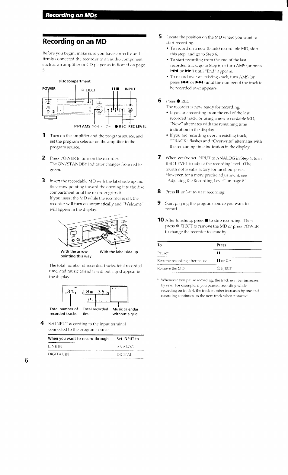 Recording on an md, When you want to record through set input to, Recording on mds | 1 8 m | Sony MDS-302 User Manual | Page 6 / 30