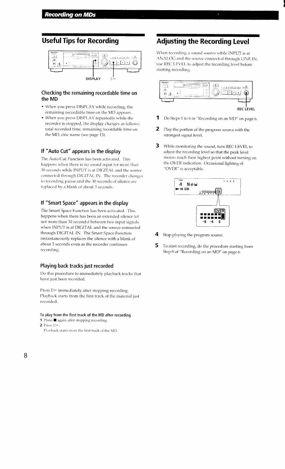 Useful tips for recording, Adjusting the recording level, Recording on mds | Sony MDS-302 User Manual | Page 8 / 30