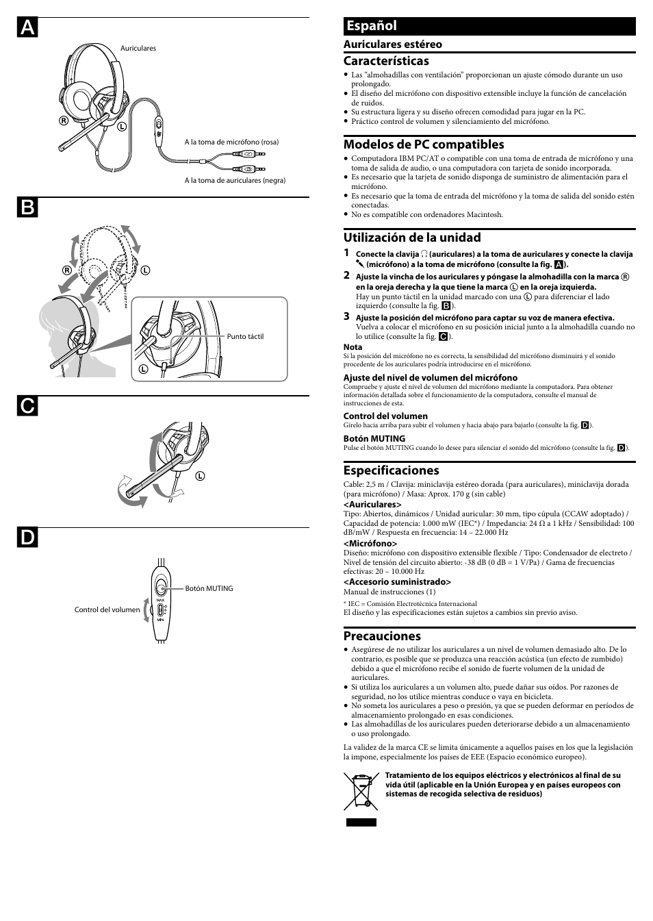 Español, Características, Modelos de pc compatibles | Utilización de la unidad, Especificaciones, Precauciones | Sony DR-GA100 User Manual | Page 2 / 2