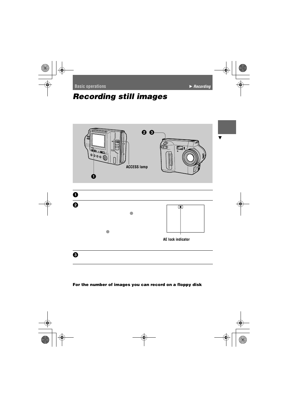 Recording still images, B recording recording still images, Basic operations | Sony MVC-FD85 User Manual | Page 15 / 68