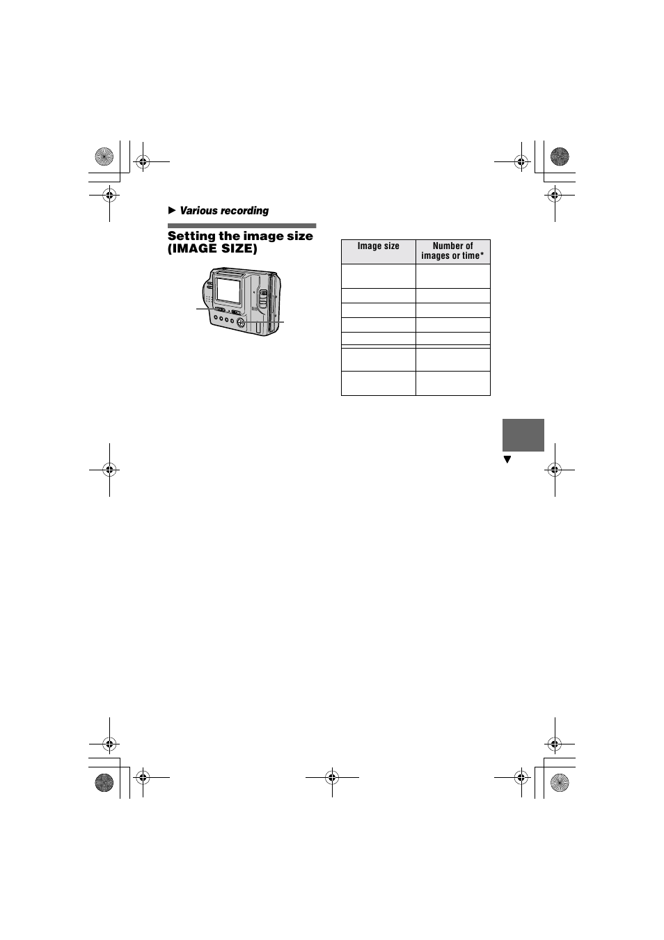 Setting the image size (image size), B various recording setting the image size, Image size) | Sony MVC-FD85 User Manual | Page 35 / 68