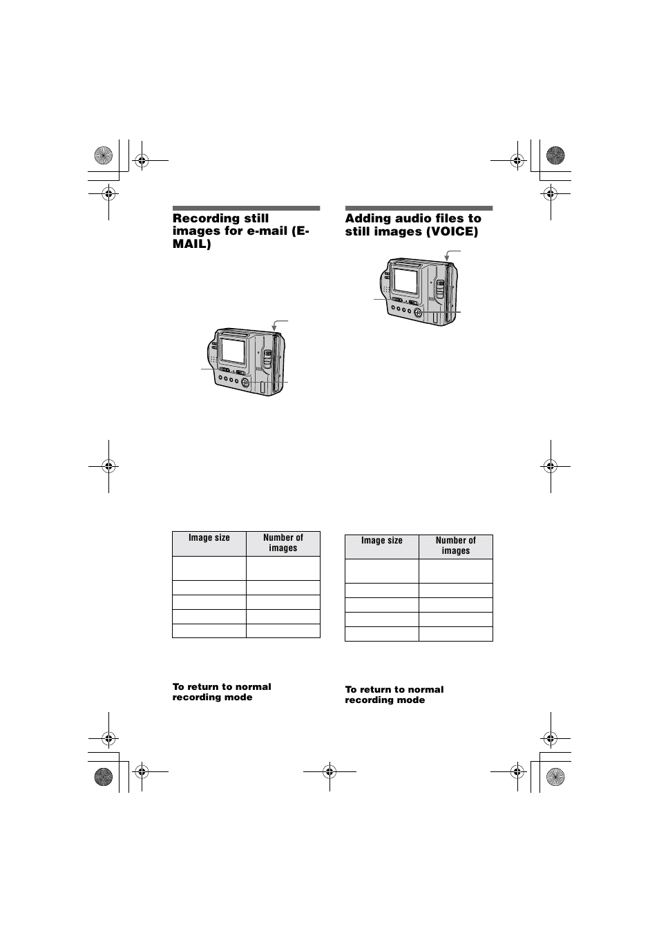 Recording still images for e-mail (e- mail), Adding audio files to still images (voice), Recording still images for e-mail | E-mail), Adding audio files to still images, Voice) | Sony MVC-FD85 User Manual | Page 36 / 68