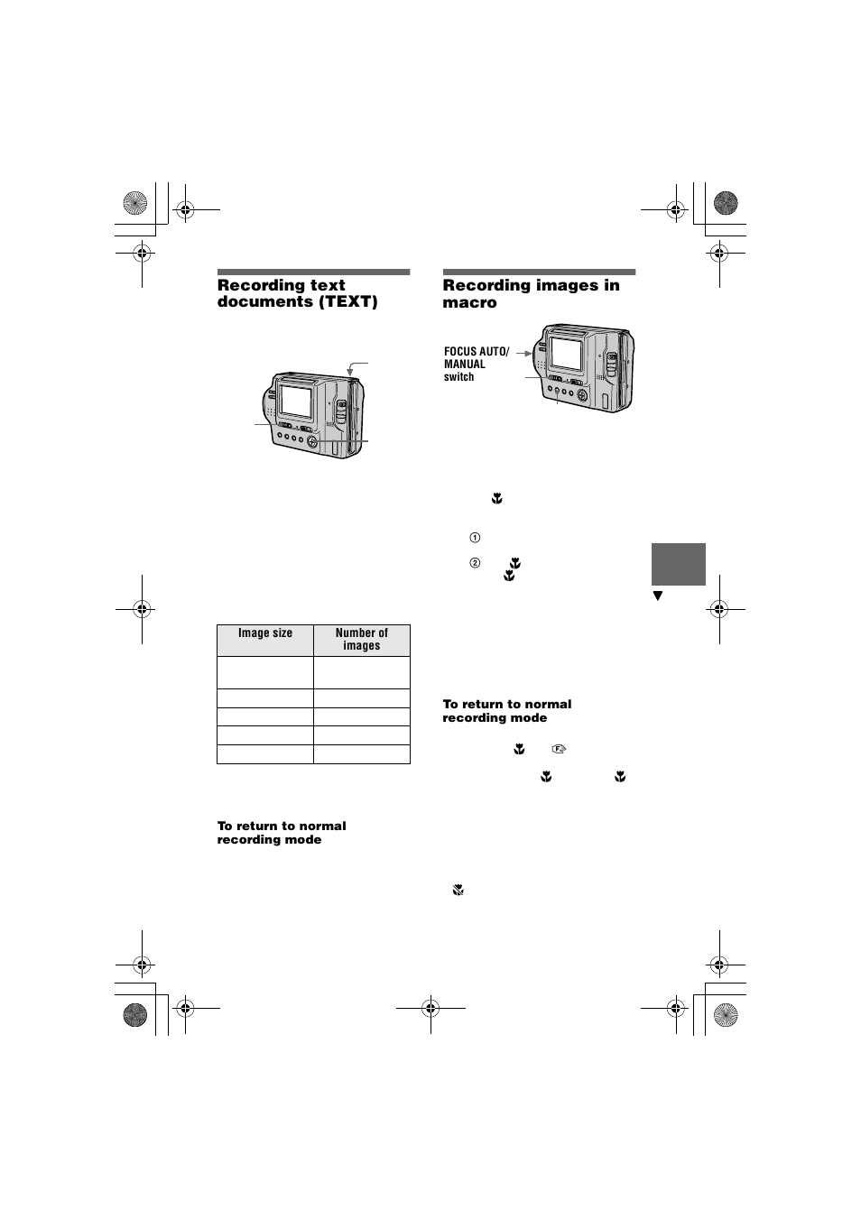 Recording text documents (text), Recording images in macro, On (37 | N (37) | Sony MVC-FD85 User Manual | Page 37 / 68