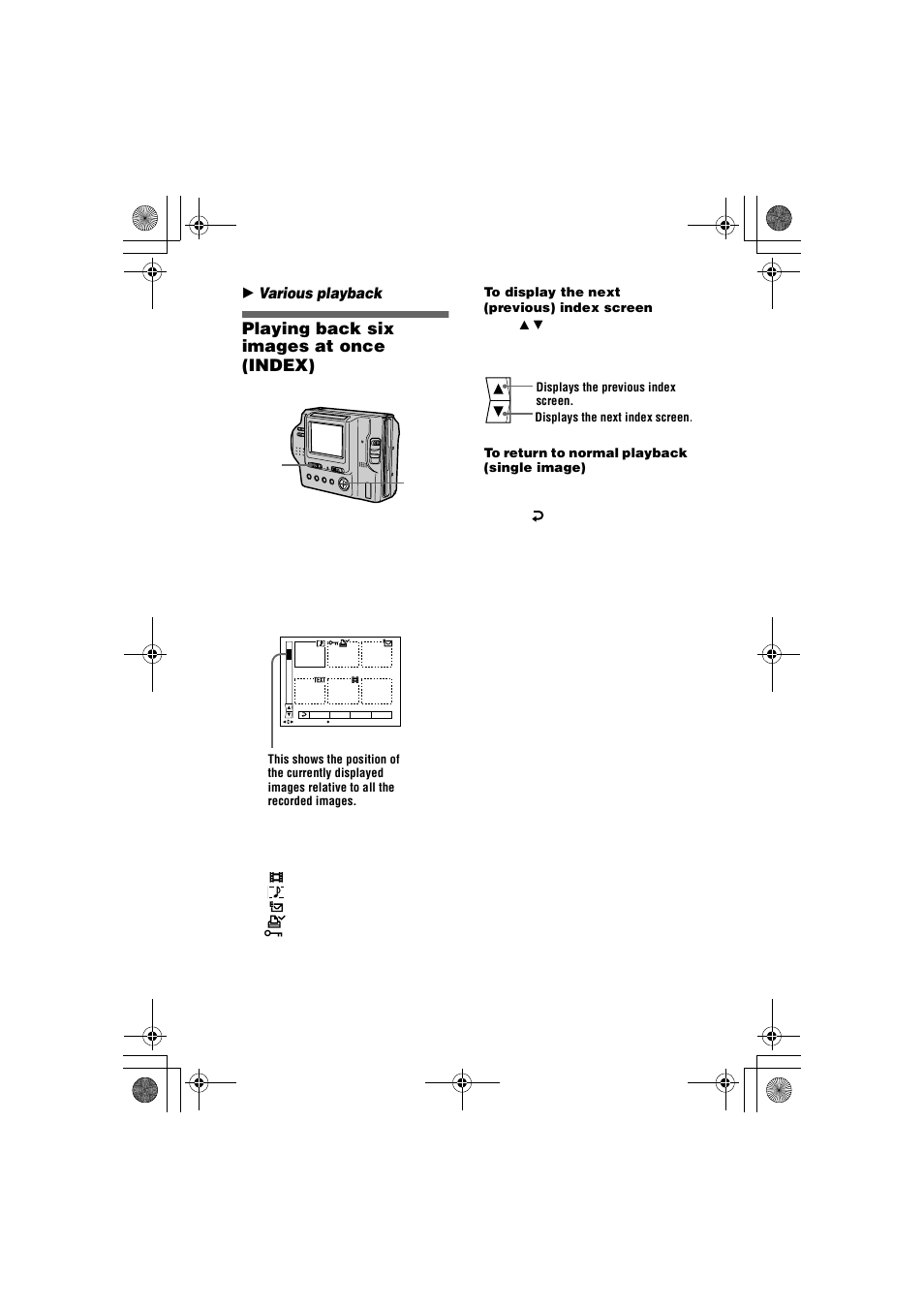 Playing back six images at once (index), B various playb, Playing back six images at once | Index) | Sony MVC-FD85 User Manual | Page 42 / 68