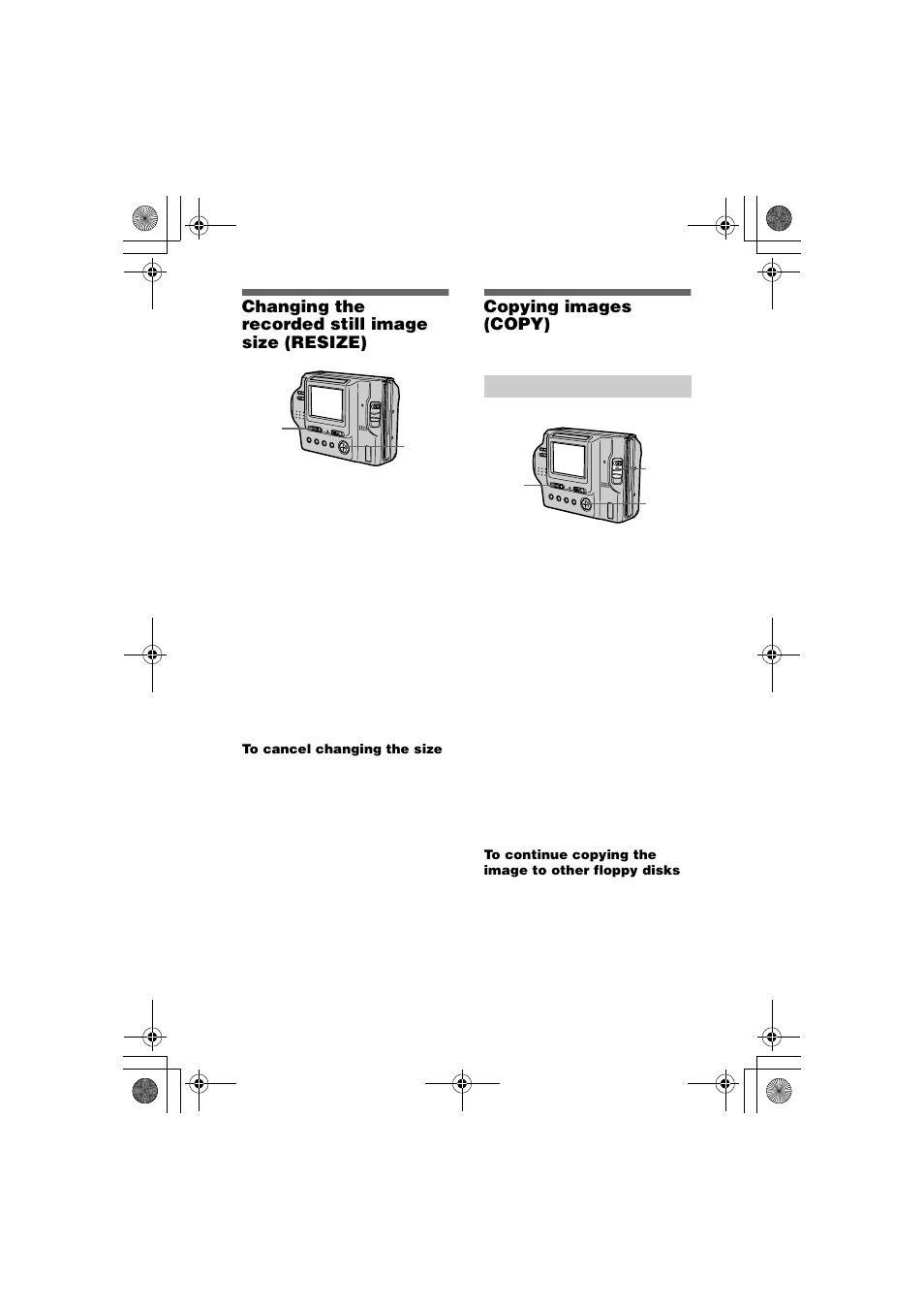 Changing the recorded still image size (resize), Copying images (copy), Changing the recorded still image size | Resize) | Sony MVC-FD85 User Manual | Page 48 / 68