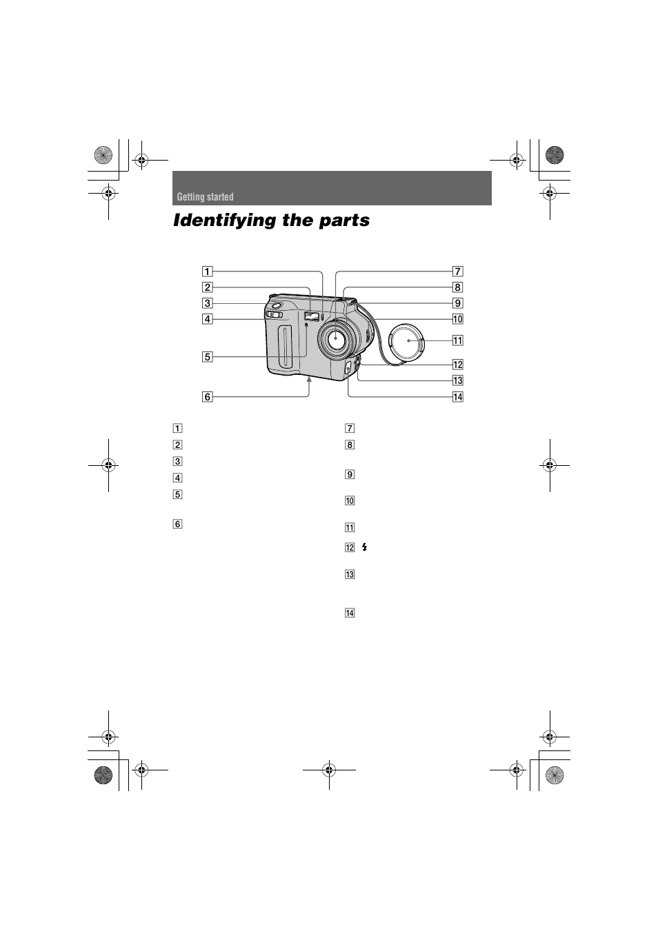 Identifying the parts, Getting started | Sony MVC-FD85 User Manual | Page 6 / 68