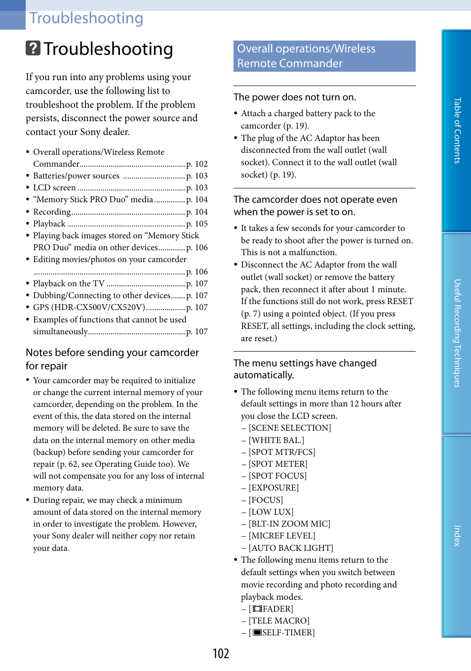 Troubleshooting, Overall operations/wireless remote commander | Sony HDR-CX500V User Manual | Page 102 / 130