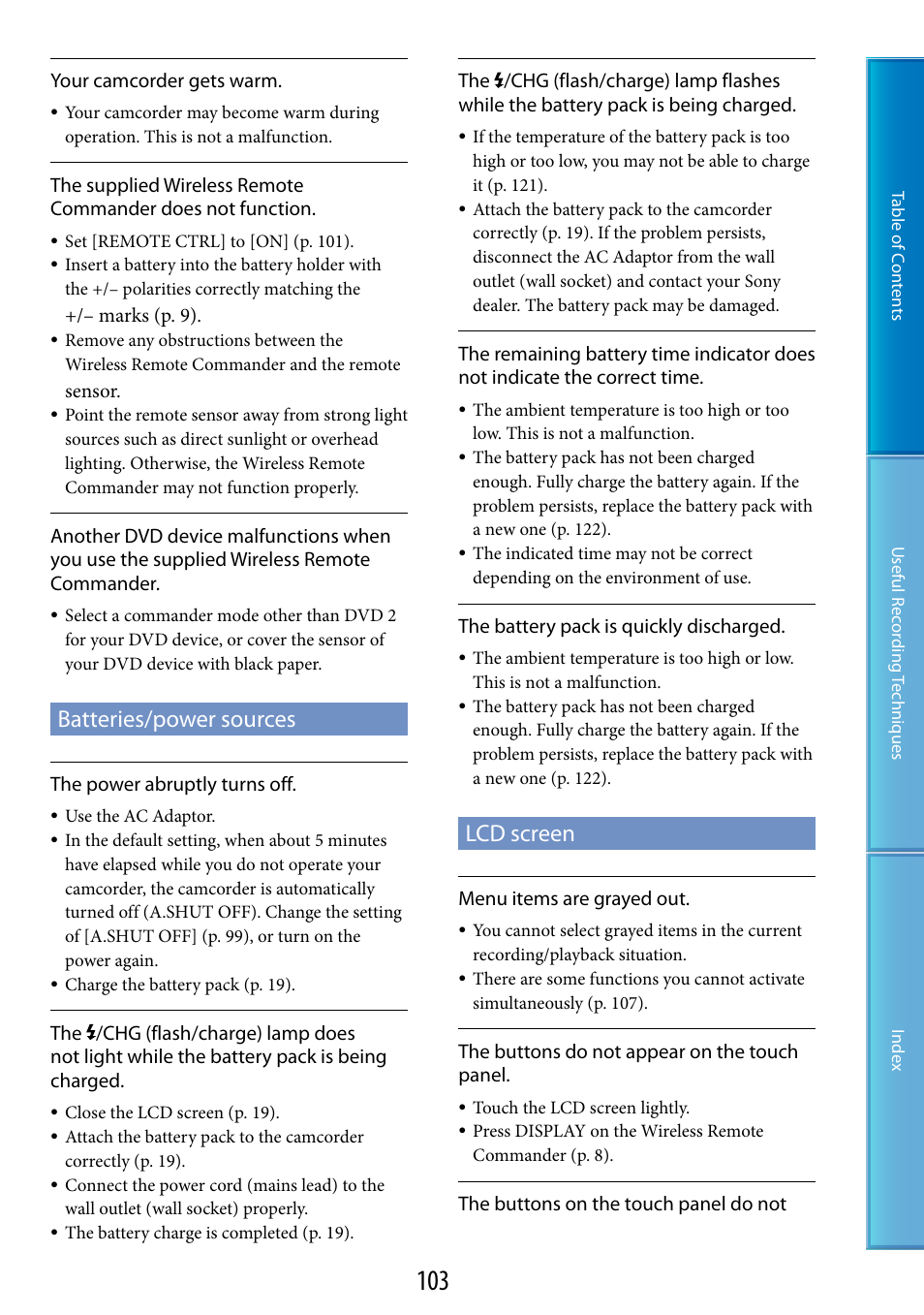 Batteries/power sources, Lcd screen | Sony HDR-CX500V User Manual | Page 103 / 130
