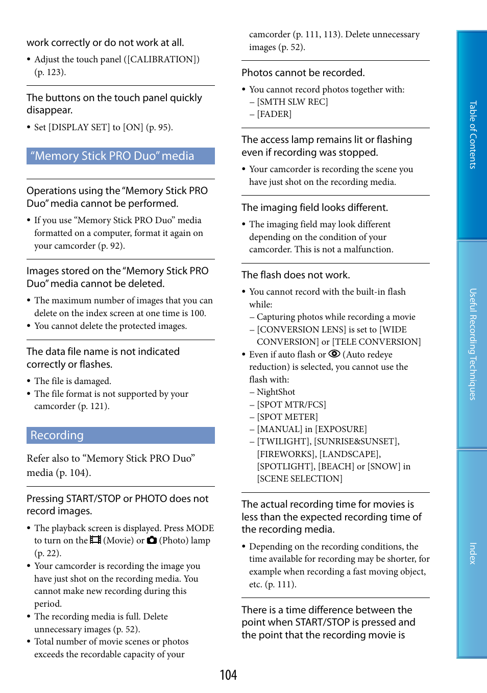 Memory stick pro duo” media, Recording | Sony HDR-CX500V User Manual | Page 104 / 130