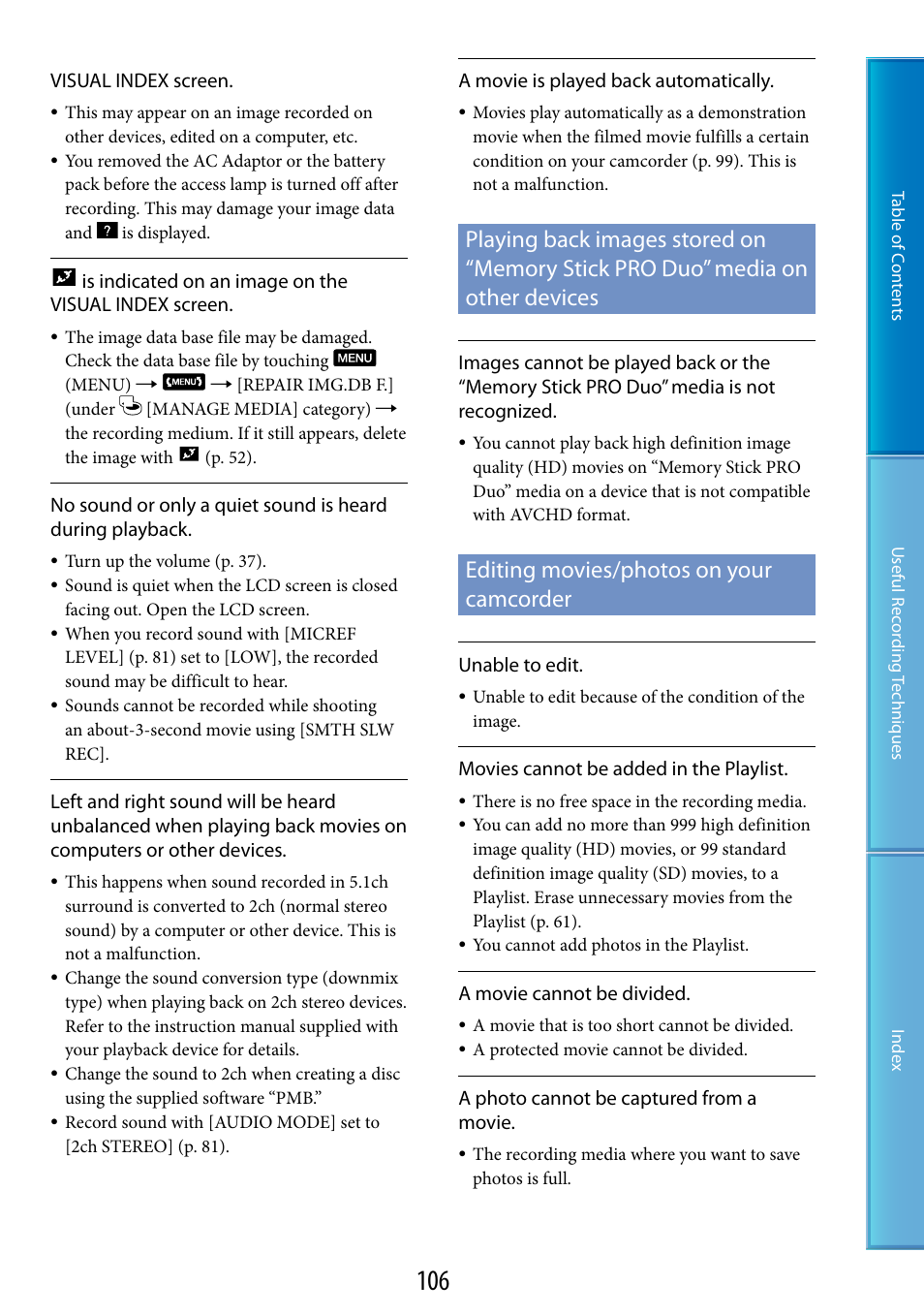 Playing back images stored on “memory stick, Pro duo” media on other devices, Editing movies/photos on your camcorder | Sony HDR-CX500V User Manual | Page 106 / 130