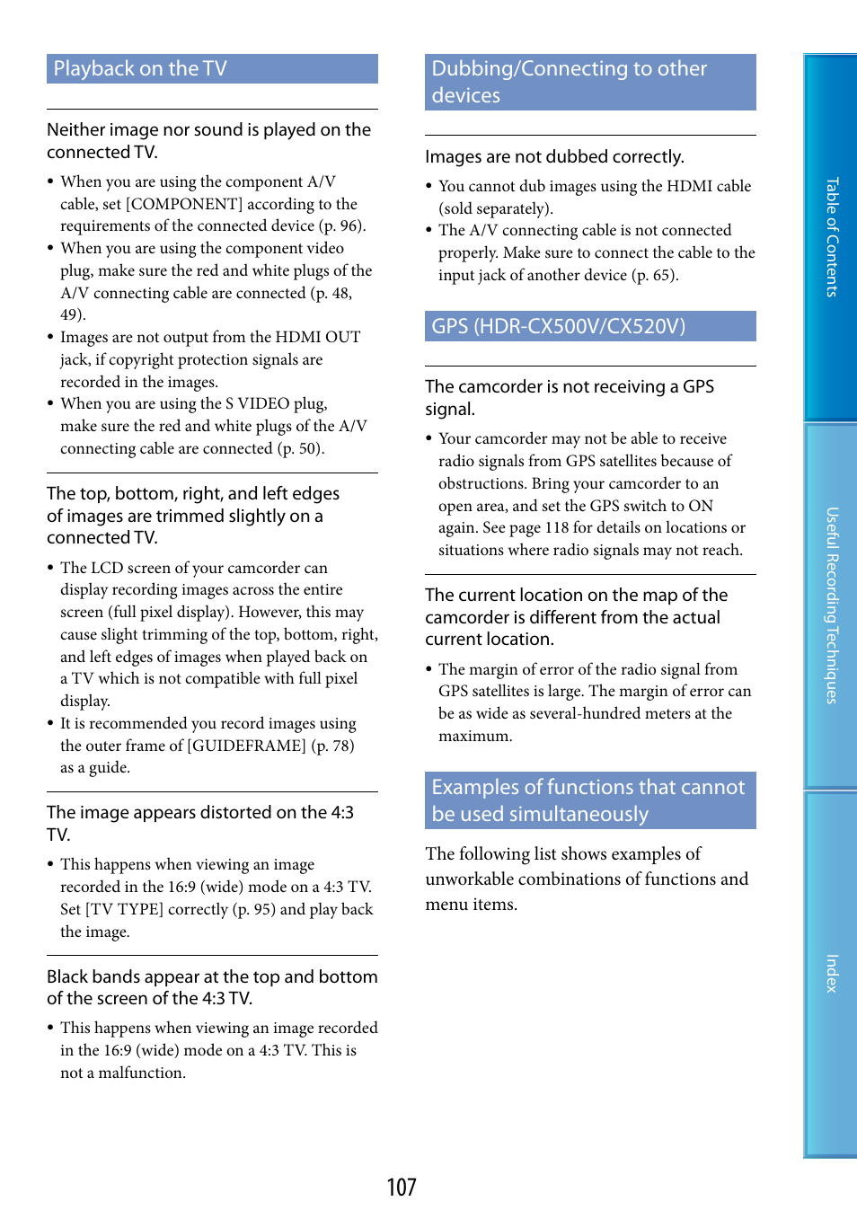 Playback on the tv, Dubbing/connecting to other devices, Gps (hdr-cx500v/cx520v) | Examples of functions that cannot be used, Simultaneously | Sony HDR-CX500V User Manual | Page 107 / 130