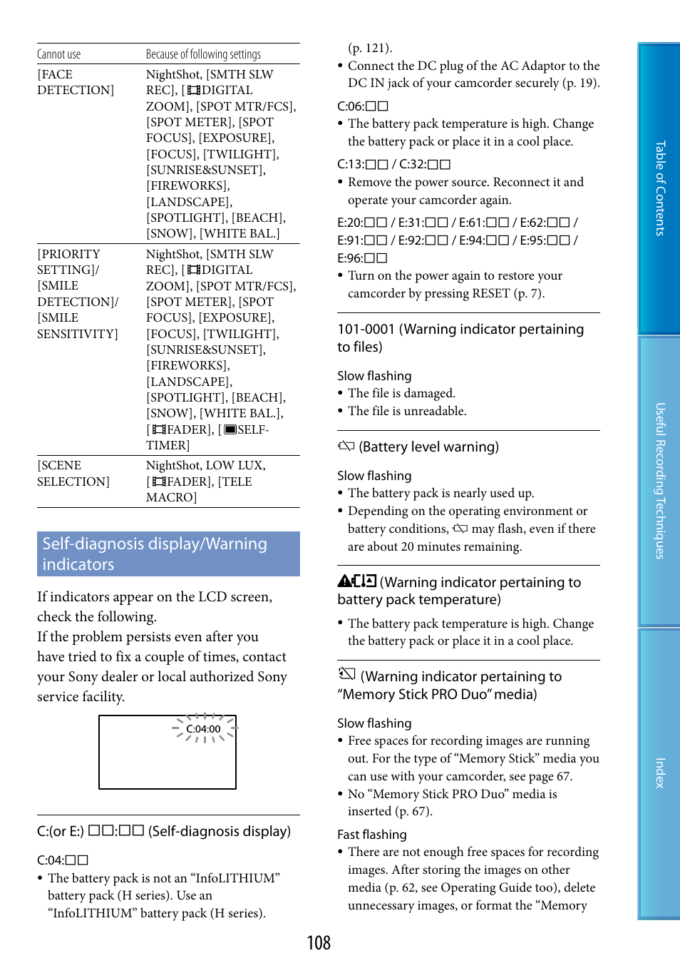 Self-diagnosis display/warning indicators, G (108) | Sony HDR-CX500V User Manual | Page 108 / 130
