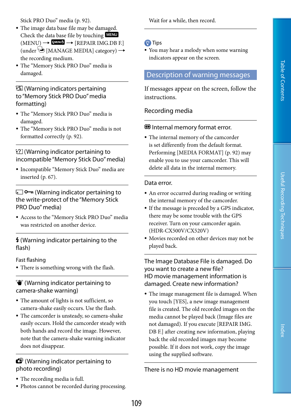 Description of warning messages, Recording media | Sony HDR-CX500V User Manual | Page 109 / 130