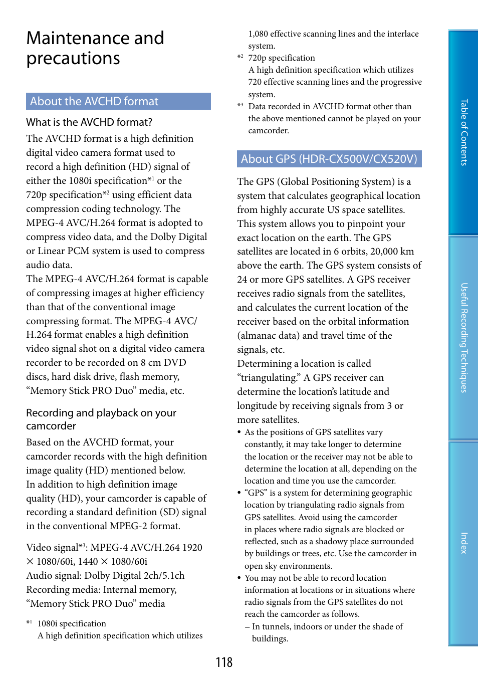 Maintenance and precautions, About the avchd format, About gps (hdr-cx500v/cx520v) | E 118 f | Sony HDR-CX500V User Manual | Page 118 / 130