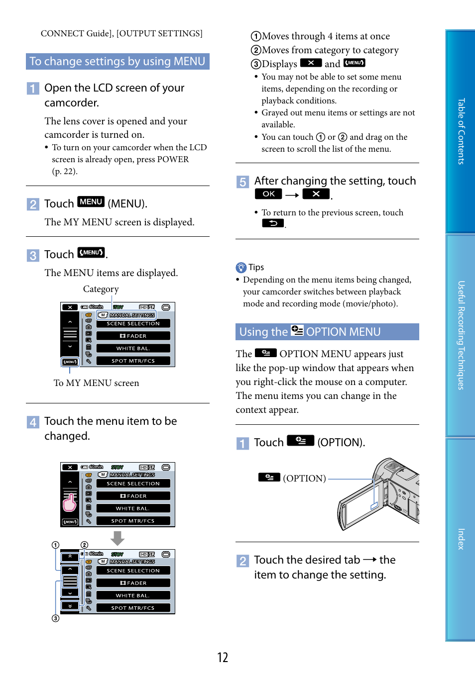To change settings by using menu, Using the option menu, To change settings by using menu using the | Option menu, N (12) | Sony HDR-CX500V User Manual | Page 12 / 130