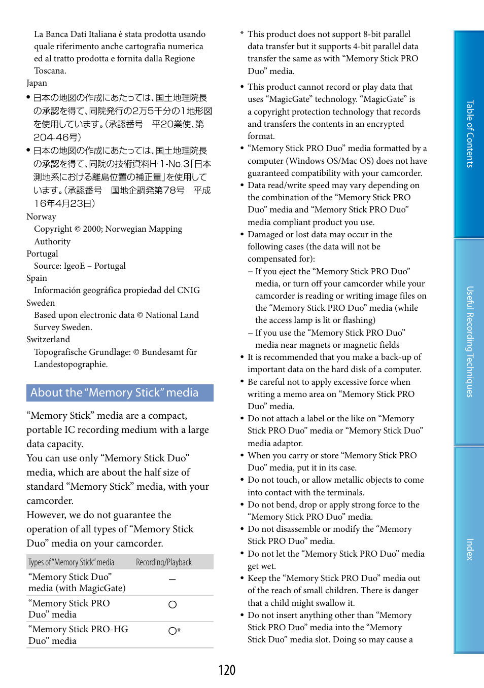 About the “memory stick” media | Sony HDR-CX500V User Manual | Page 120 / 130