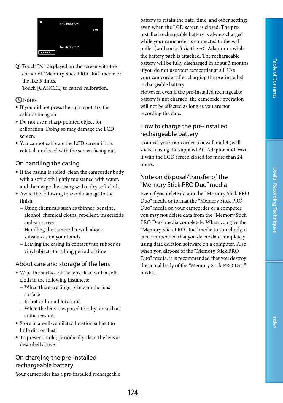 On handling the casing, About care and storage of the lens, On charging the pre-installed rechargeable battery | Sony HDR-CX500V User Manual | Page 124 / 130