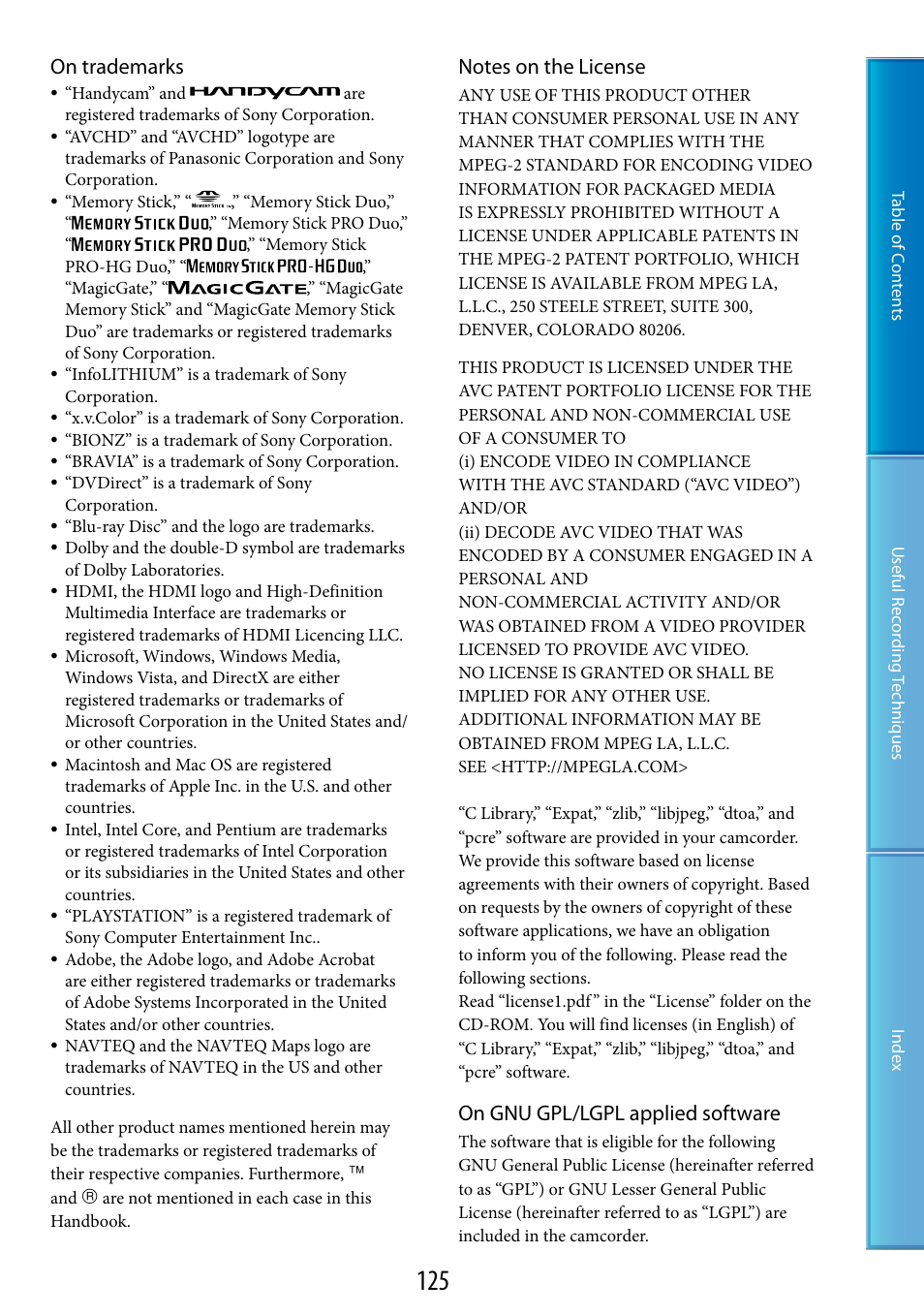 On trademarks, On gnu gpl/lgpl applied software | Sony HDR-CX500V User Manual | Page 125 / 130