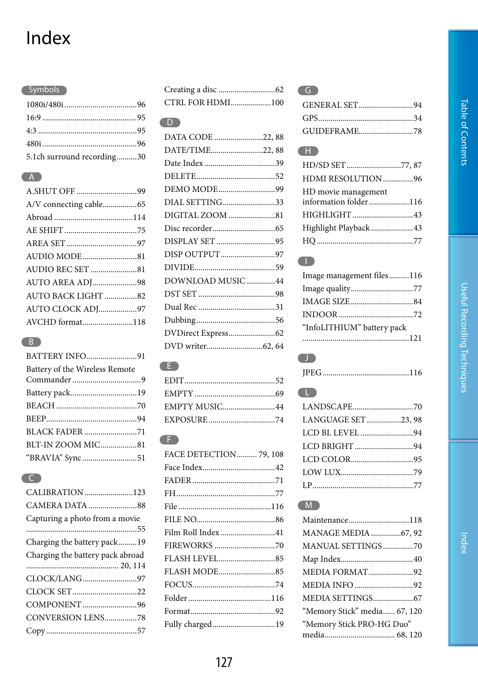 Index | Sony HDR-CX500V User Manual | Page 127 / 130
