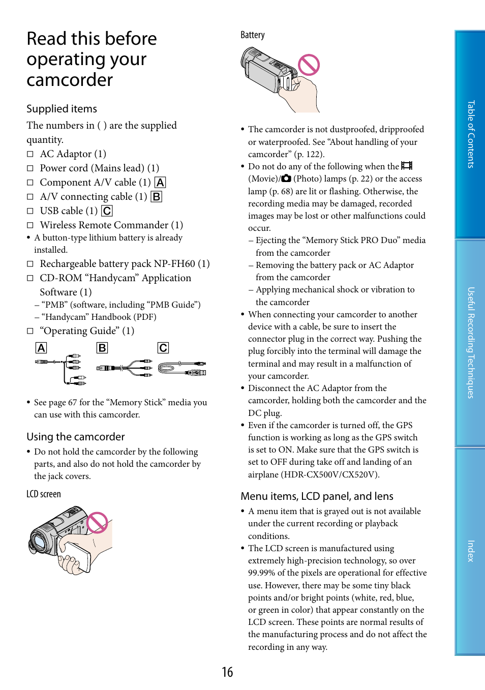 Read this before operating your camcorder, Supplied items, Using the camcorder | Menu items, lcd panel, and lens | Sony HDR-CX500V User Manual | Page 16 / 130