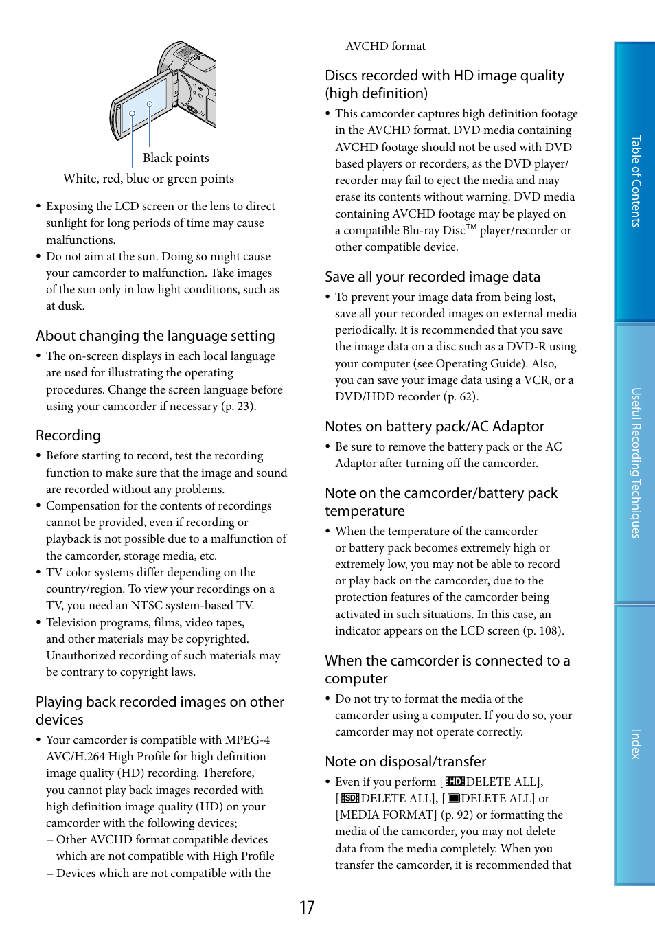 About changing the language setting, Recording, Playing back recorded images on other devices | Save all your recorded image data, When the camcorder is connected to a computer | Sony HDR-CX500V User Manual | Page 17 / 130
