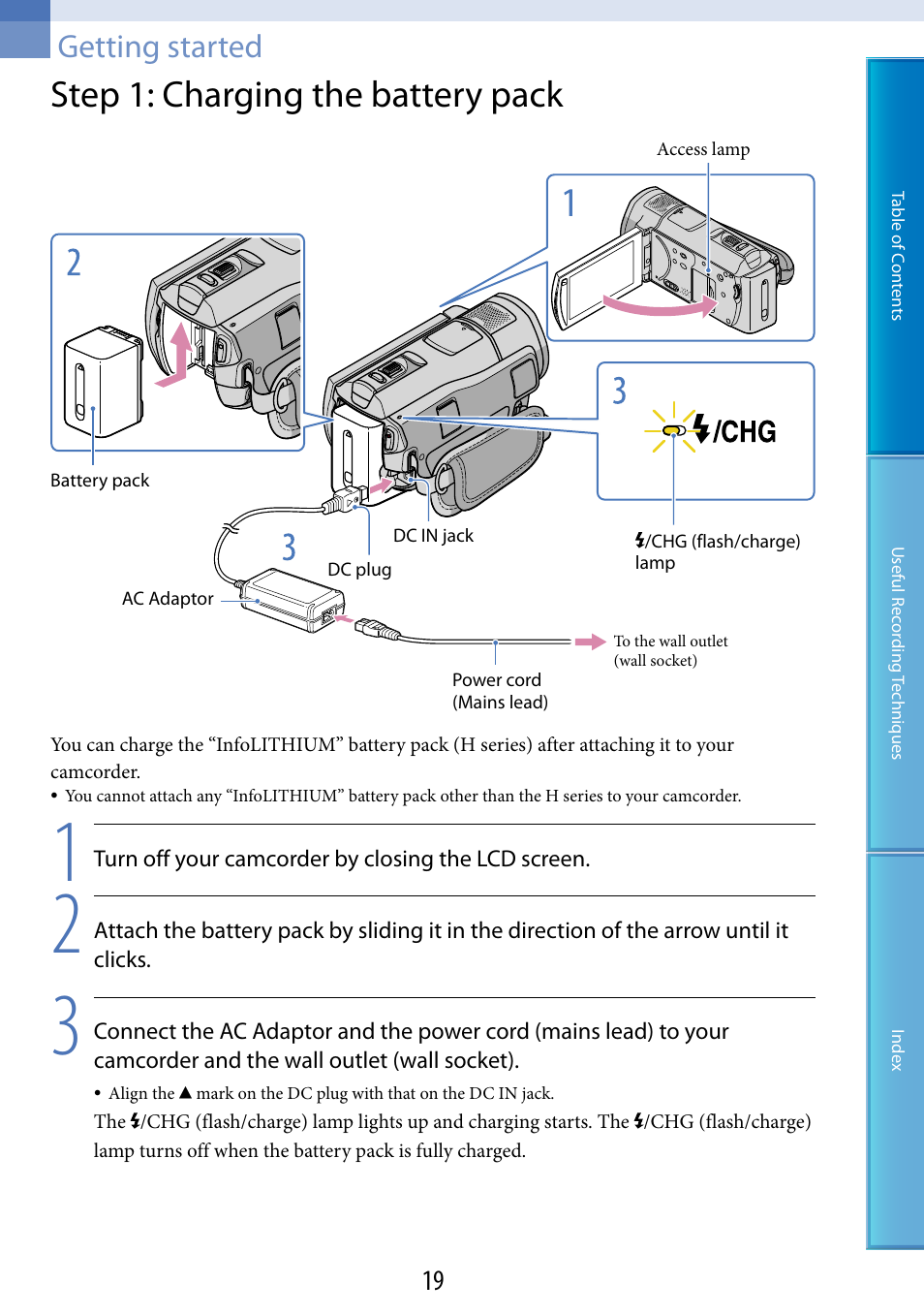 Getting started, Step 1: charging the battery pack, Y pack (19) | Ge) lamp (19), Dc in jack (19) | Sony HDR-CX500V User Manual | Page 19 / 130