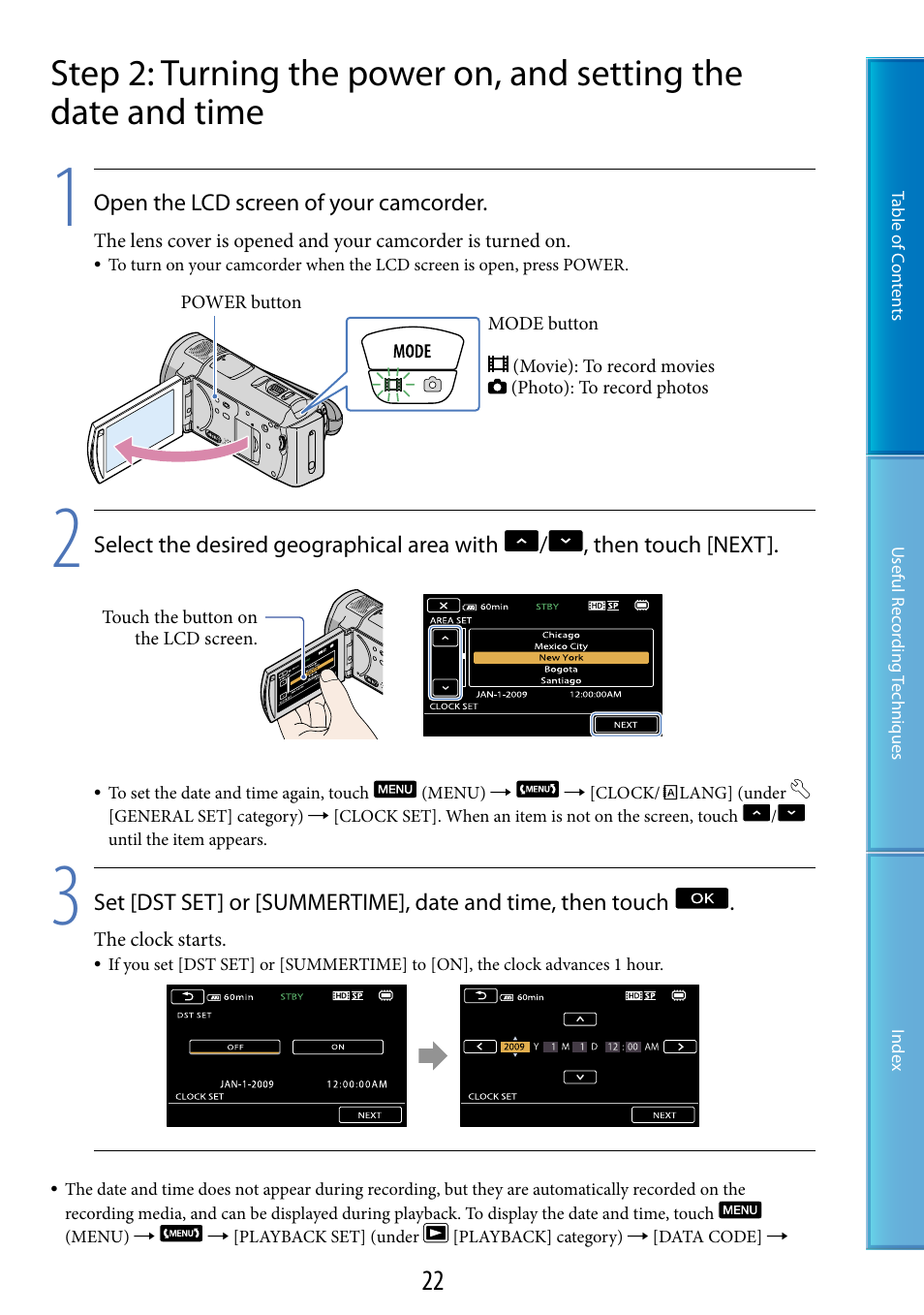On (22), Lamps (22), 22) o | 22), t | Sony HDR-CX500V User Manual | Page 22 / 130