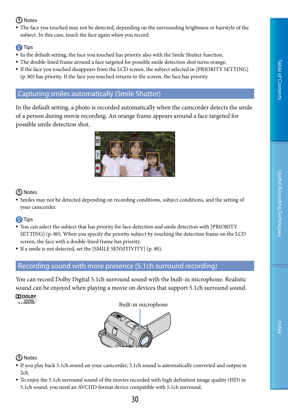 Capturing smiles automatically (smile shutter), Ophone (30) | Sony HDR-CX500V User Manual | Page 30 / 130
