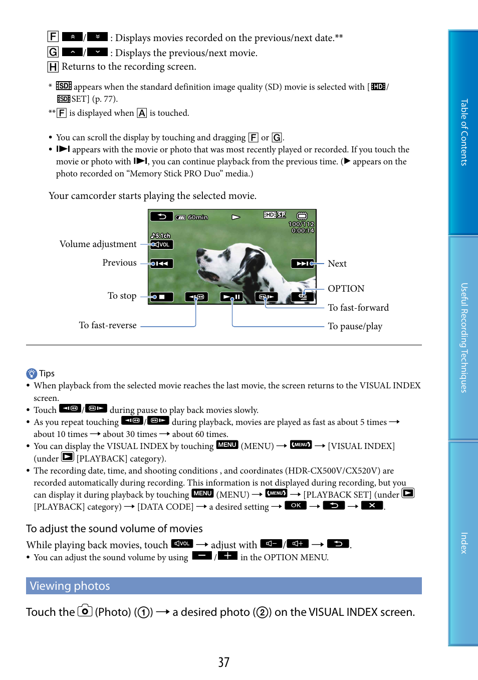 Viewing photos, Ons (37), De (37) | D) (37) | Sony HDR-CX500V User Manual | Page 37 / 130