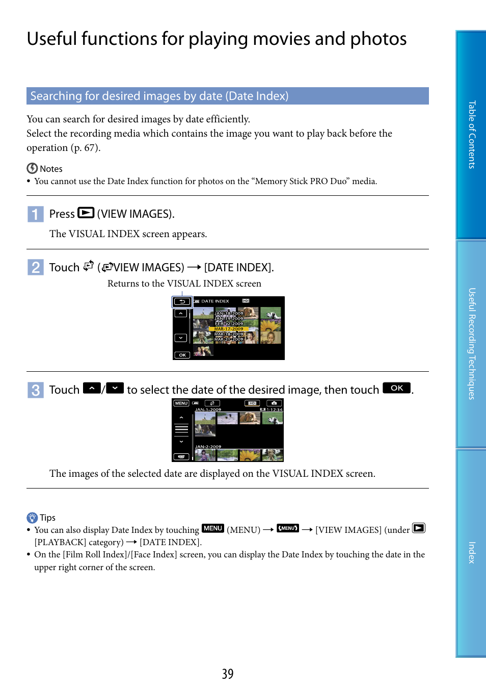 Useful functions for playing movies and photos, Searching for desired images by date (date index) | Sony HDR-CX500V User Manual | Page 39 / 130