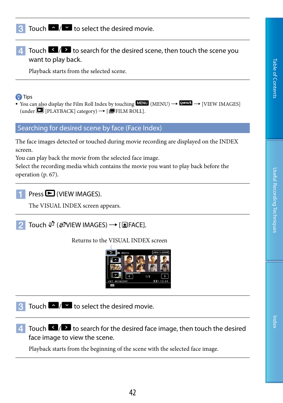 Searching for desired scene by face (face index) | Sony HDR-CX500V User Manual | Page 42 / 130