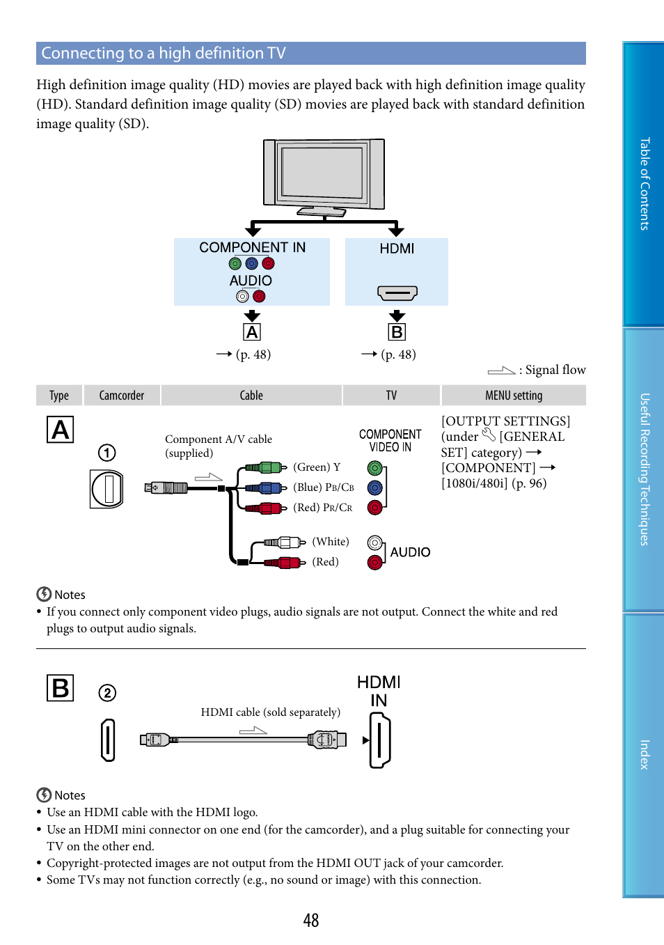 Connecting to a high definition tv, Hdmi out jack (48) | Sony HDR-CX500V User Manual | Page 48 / 130