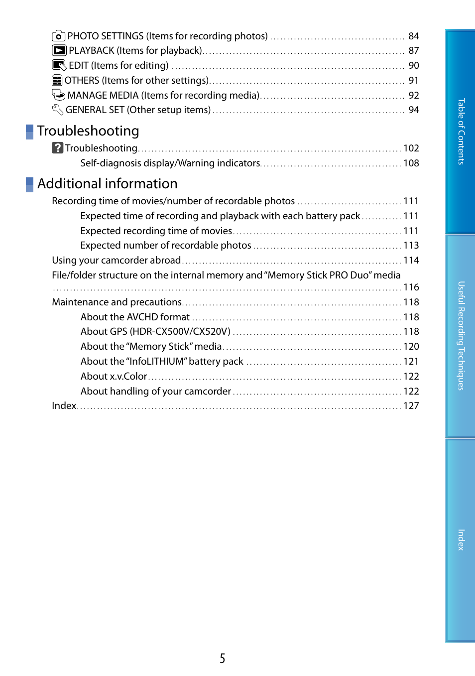 Troubleshooting, Additional information | Sony HDR-CX500V User Manual | Page 5 / 130