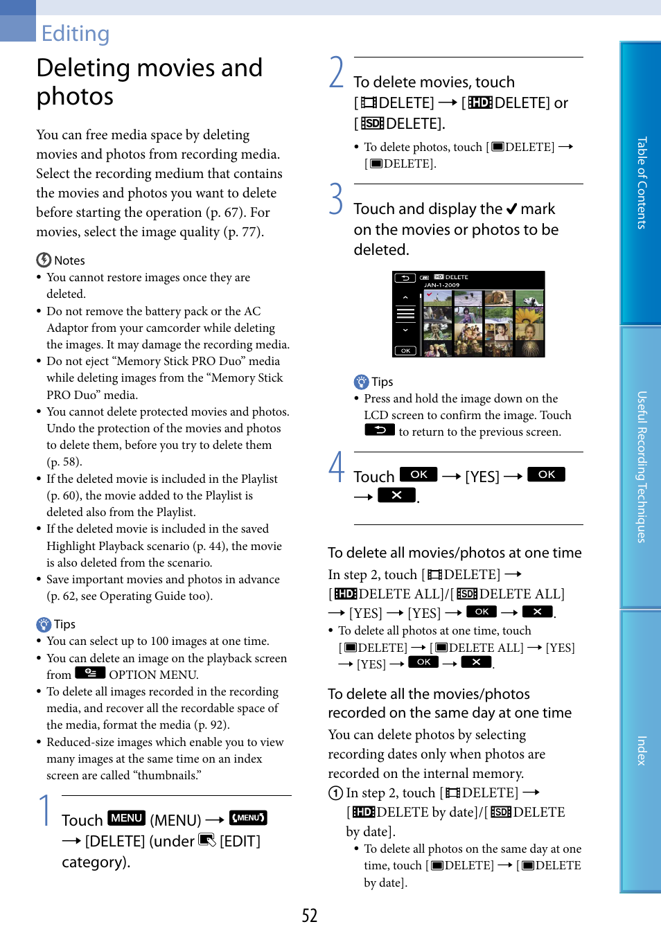 Editing, Deleting movies and photos | Sony HDR-CX500V User Manual | Page 52 / 130
