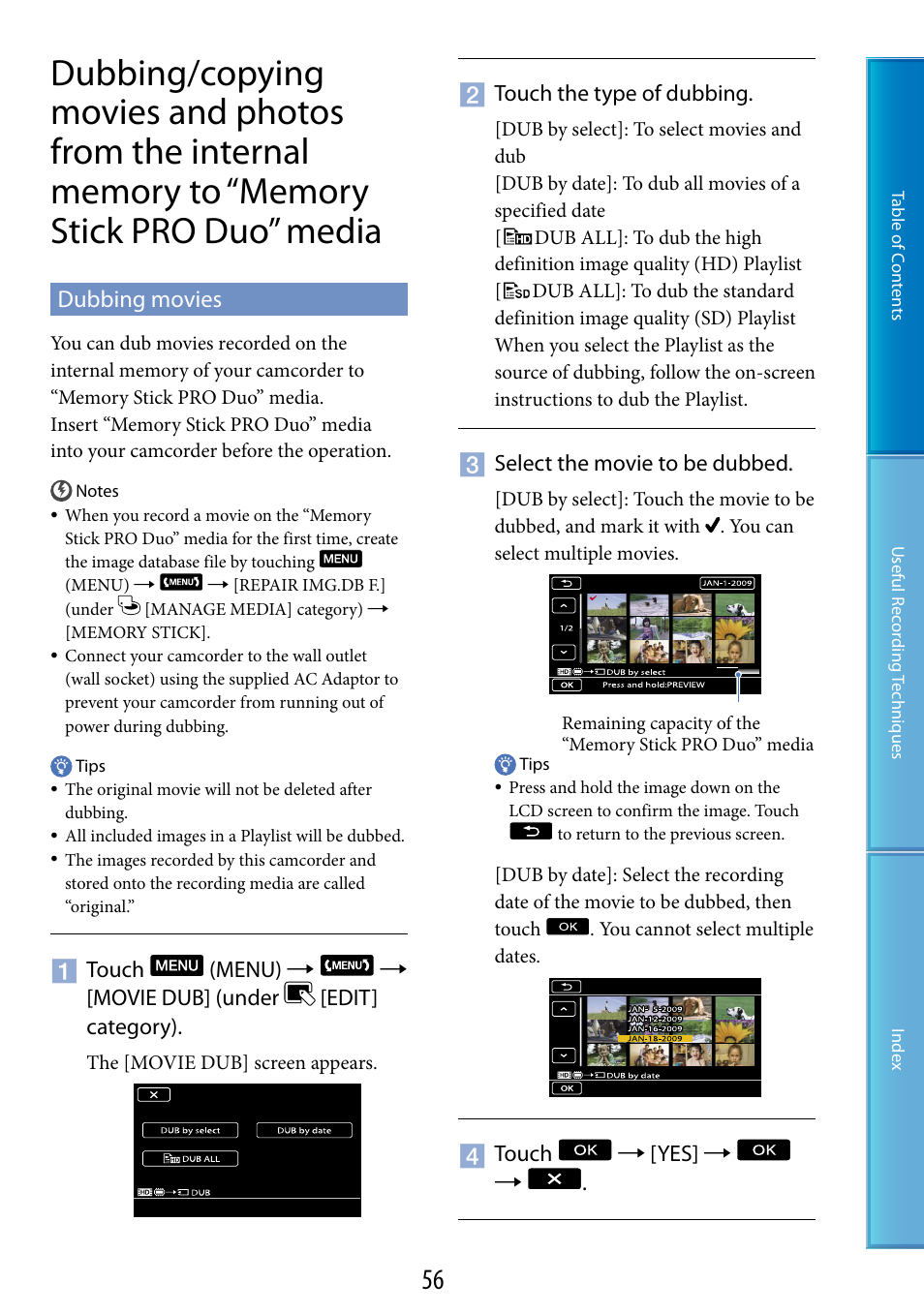 Dubbing movies, Memory stick pro duo” media | Sony HDR-CX500V User Manual | Page 56 / 130